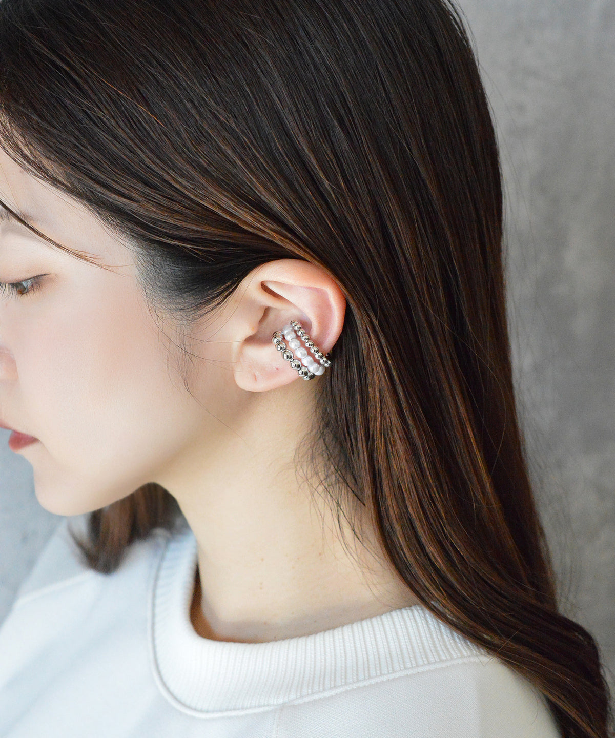 【earyear】Ball & Pearl 3 lines Design Hoop Ear Cuff<片耳用>