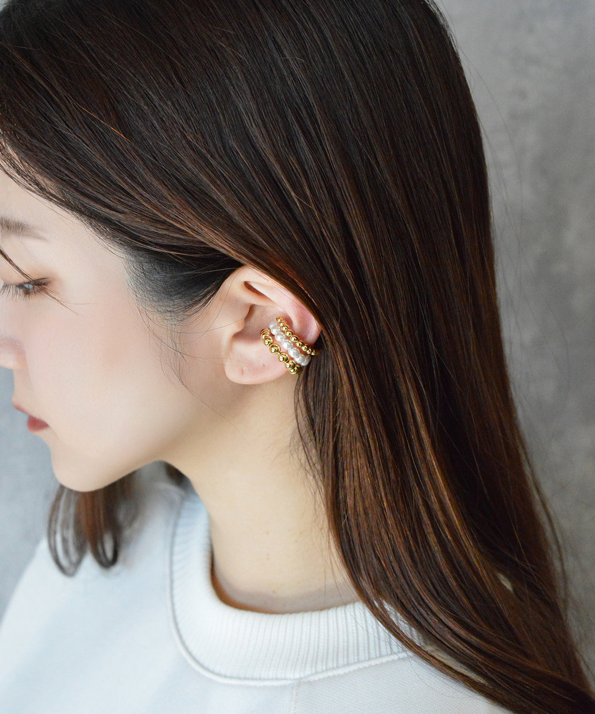 【earyear】Ball & Pearl 3 lines Design Hoop Ear Cuff<片耳用>