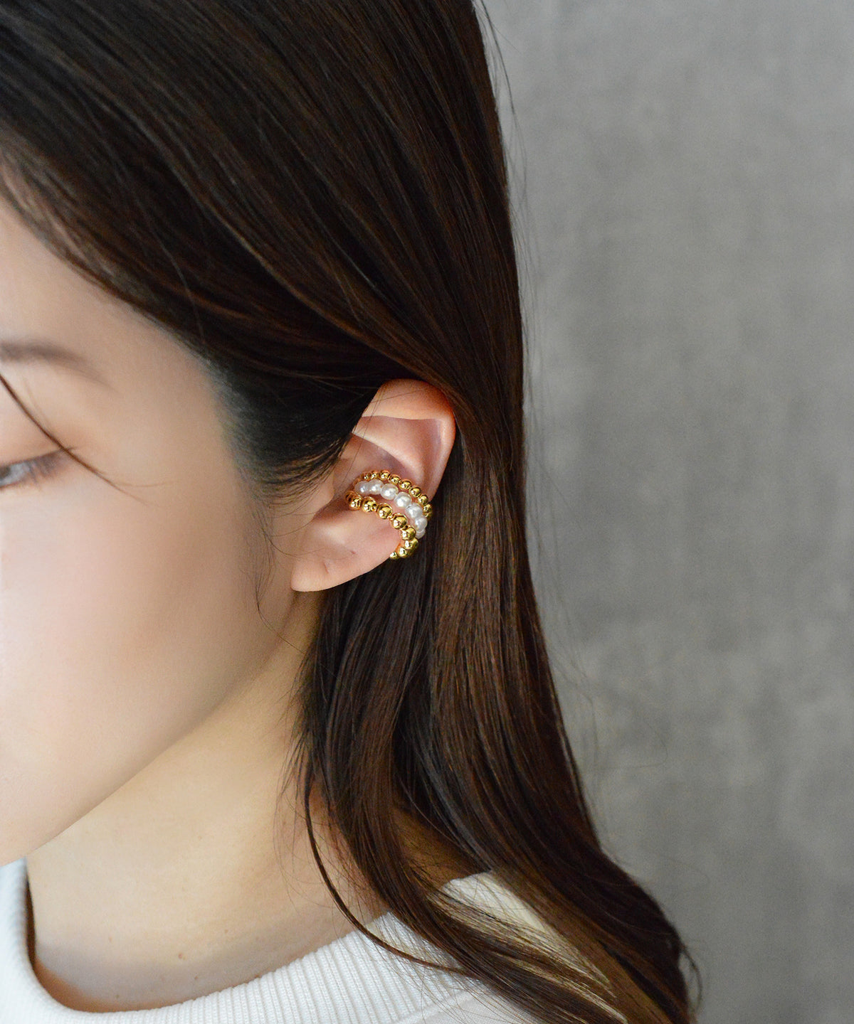 【earyear】Ball & Pearl 3 lines Design Hoop Ear Cuff<片耳用>