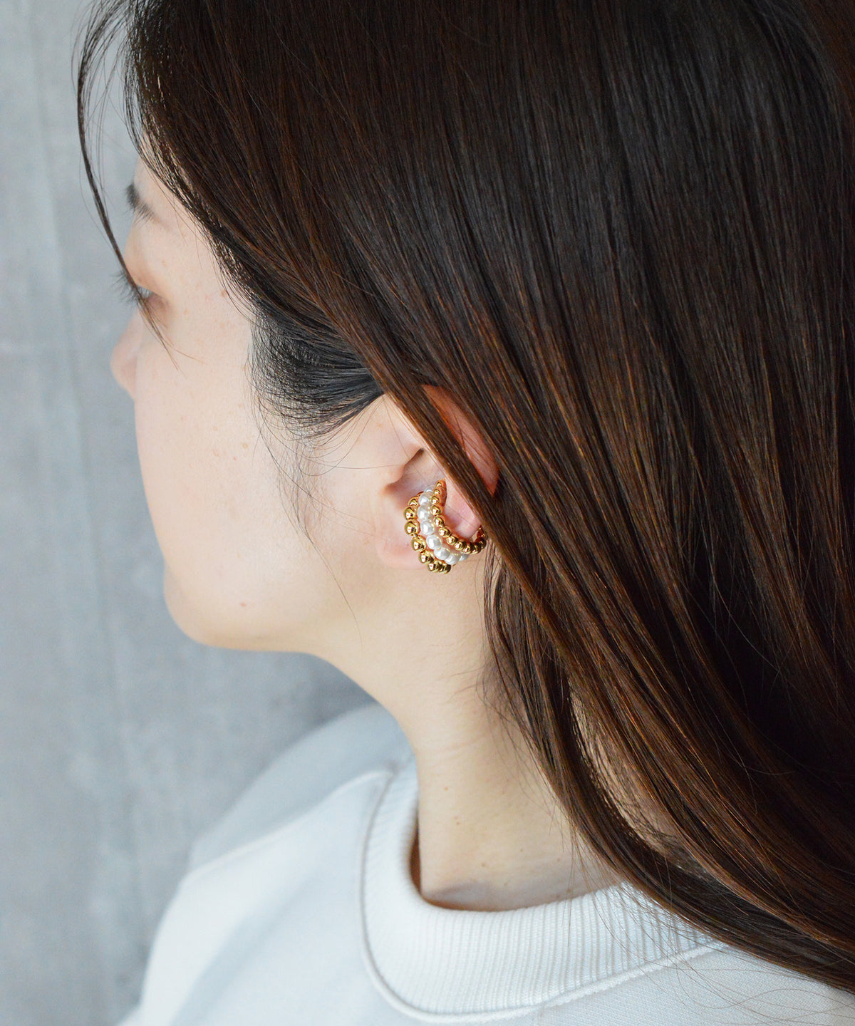 【earyear】Ball & Pearl 3 lines Design Hoop Ear Cuff<片耳用>