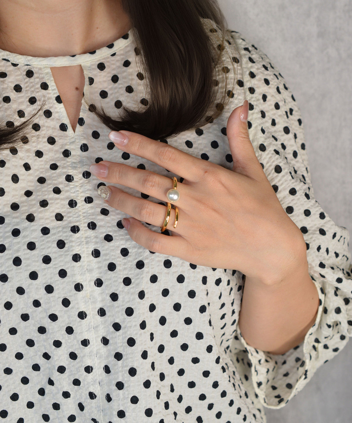 【earyear】Wave Pearl Design Double Finger Ring