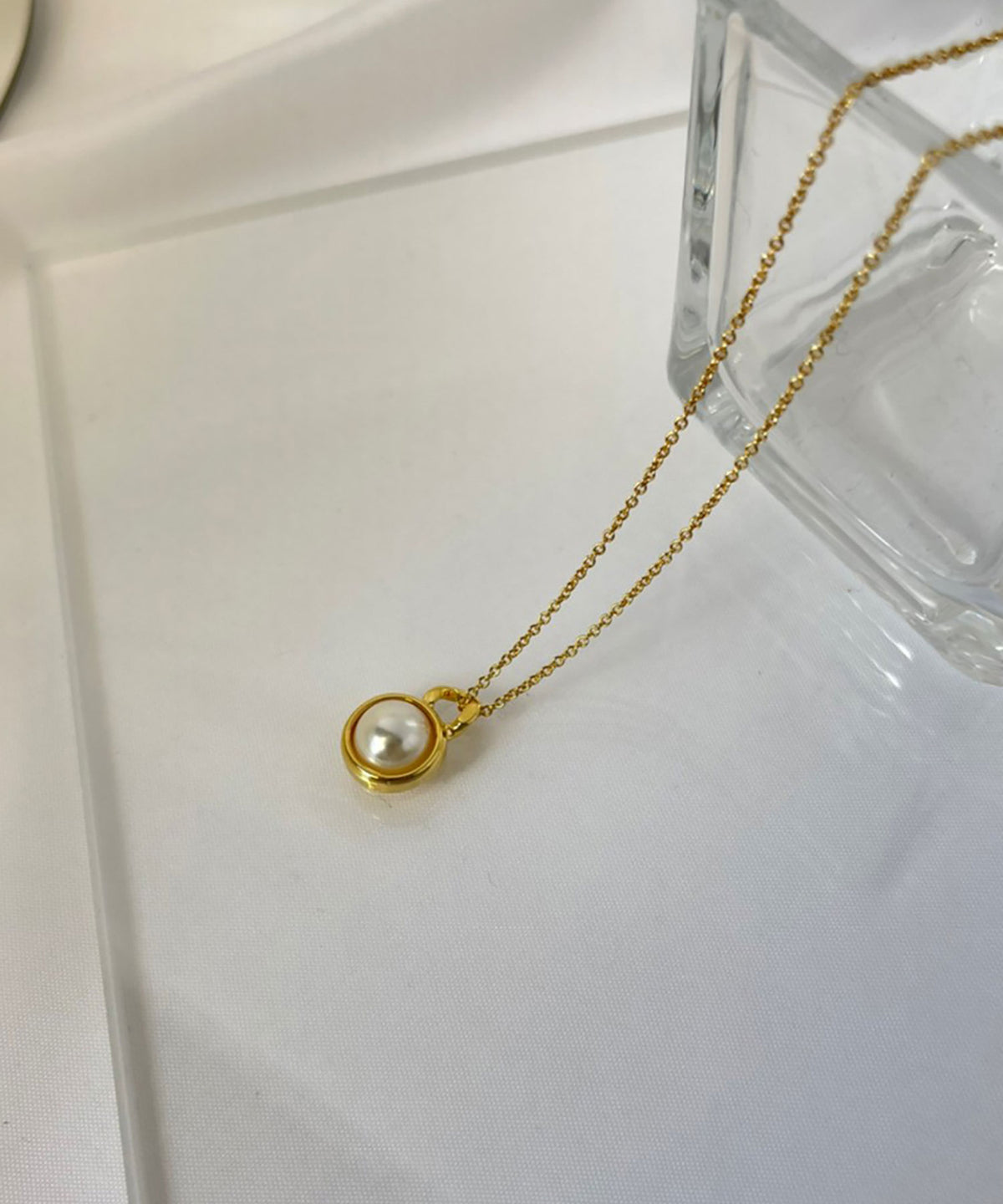 【earyear】Grid Half Moon Pearl & Chain Necklace
